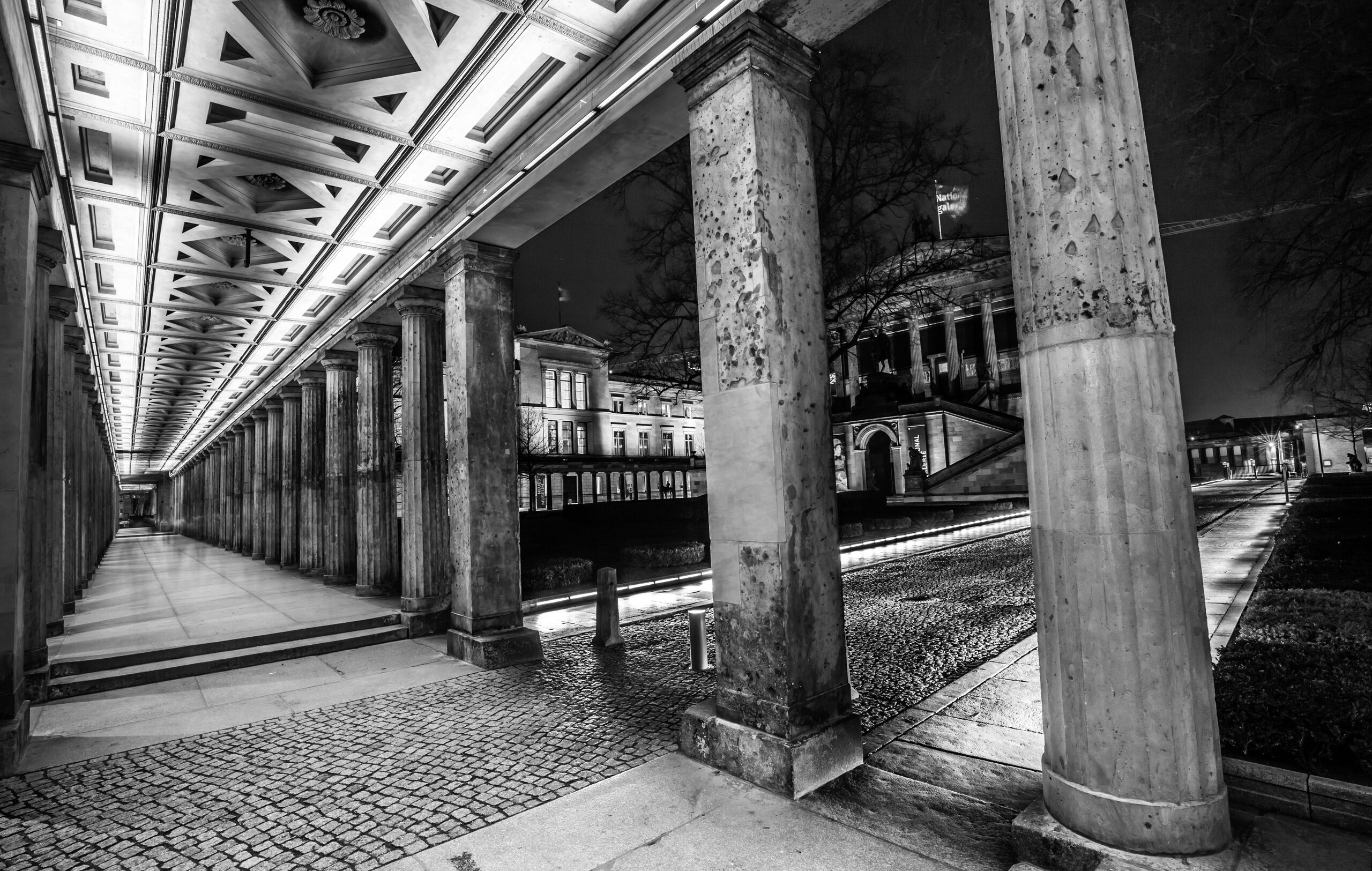 Corredor de pilares em preto e branco